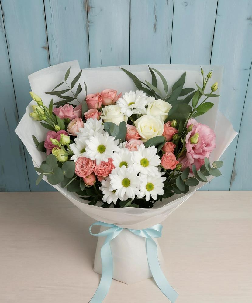 Букет цветов из: Розы, Лизиантусы и Хризантемы в Подтёсово