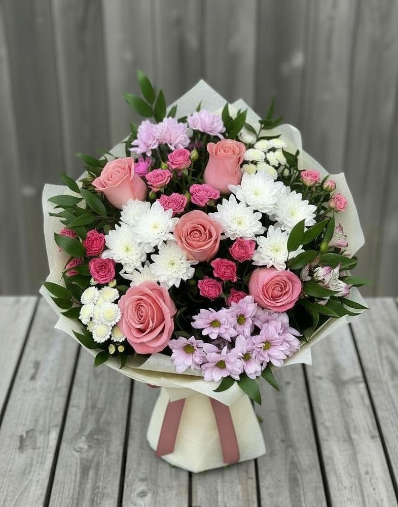 Букет цветов из: Альстромерии, Гвоздики, Розы и Хризантемы в Подтёсово
