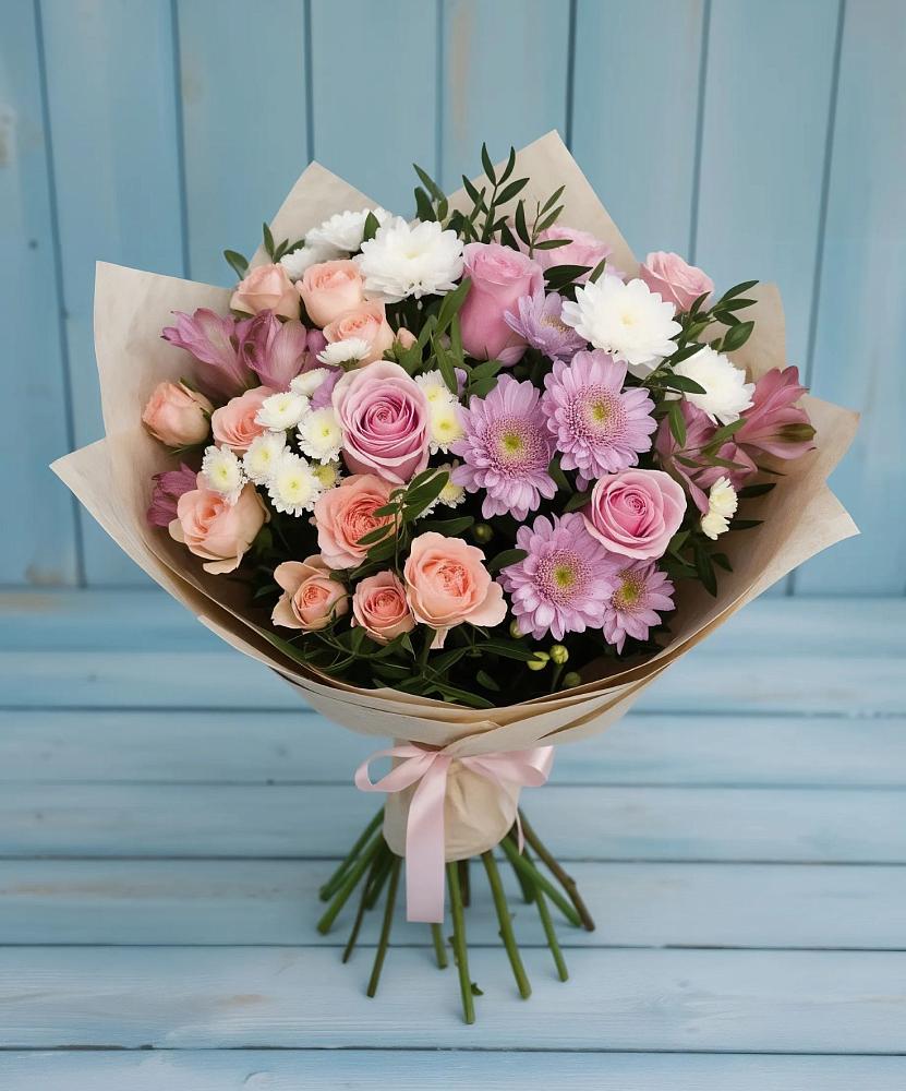 Букет цветов из: Хризантемы, Розы и Альстромерии в Подтёсово