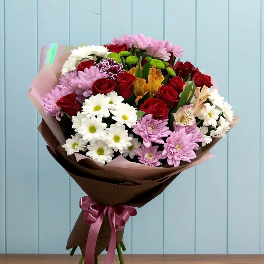 Букет цветов из: Розы, Хризантемы и Альстромерии в Подтёсово