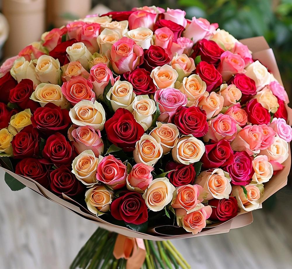 Букет 101 Разноцветная роза в Подтёсово