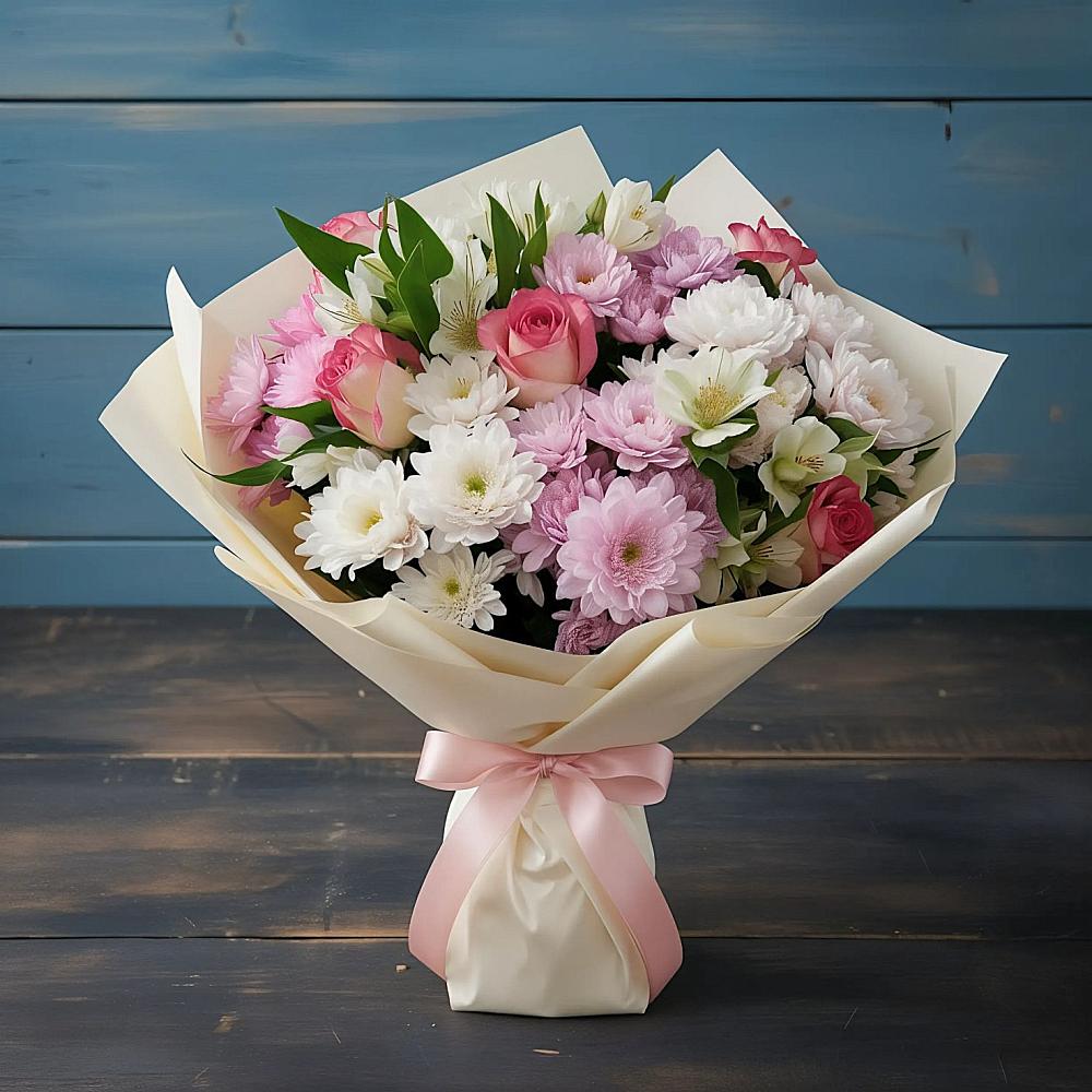 Букет цветов из: Хризантемы, Альстромерии и Розы в Подтёсово